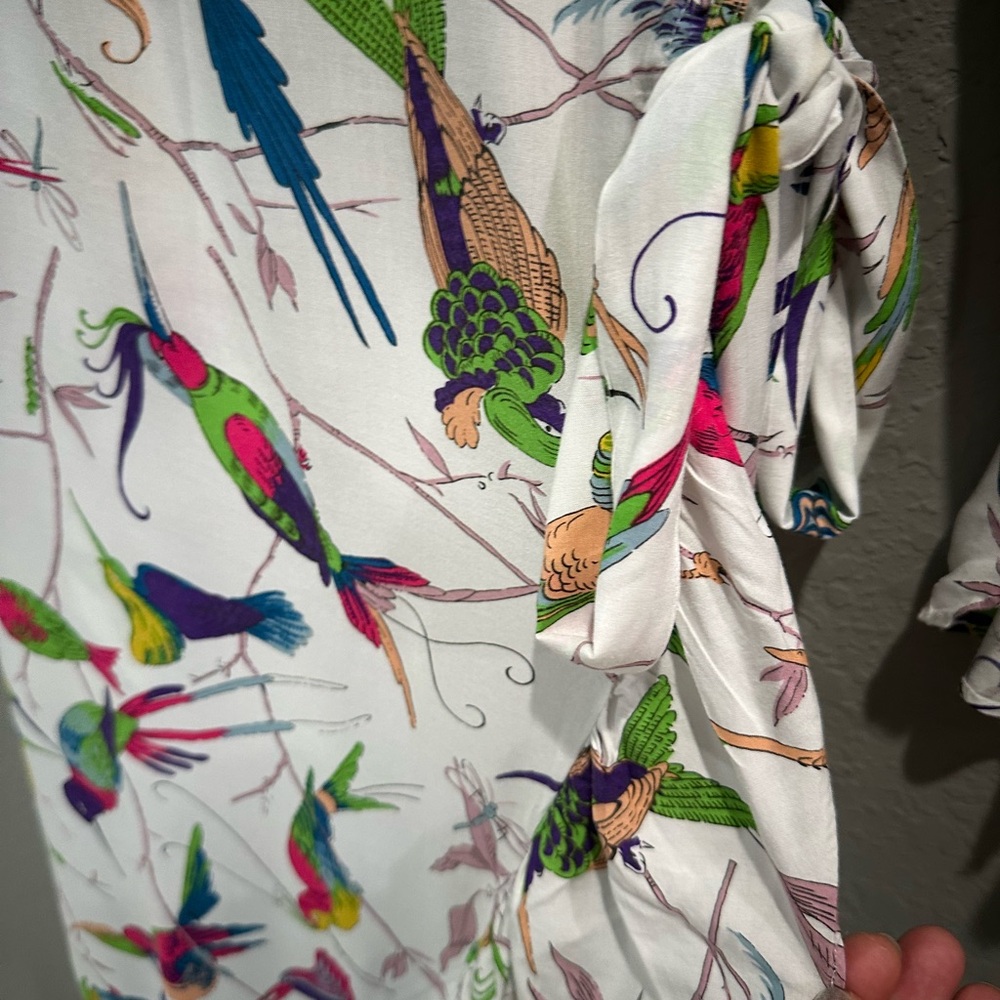 Anthropologie Floreat Aiden Robe 3/4 Sleeve Wrap Dress Bird Print Sz S EUC - Picture 5 of 8